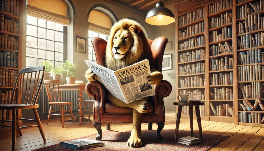 Lion reading a paper